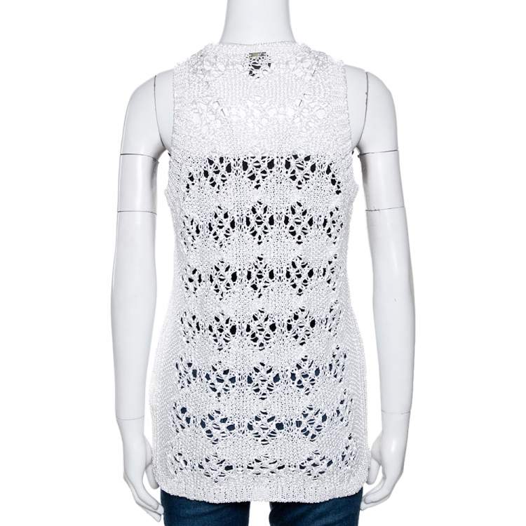 Pre Owned Just Cavalli White Cotton Open Crochet Knit Sleeveless Top M