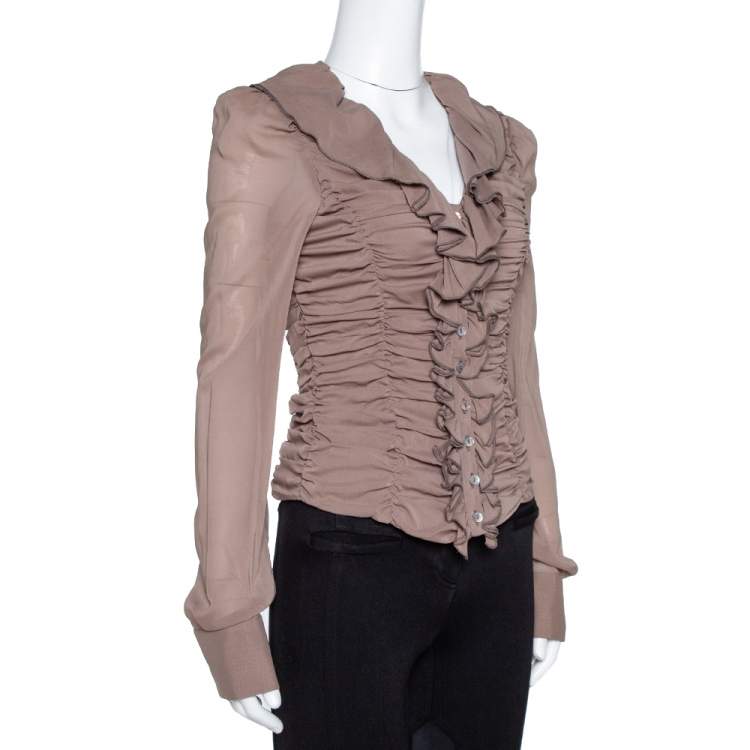 Pre Owned Just Cavalli Brown Stretch Silk Ruffled Blouse M 