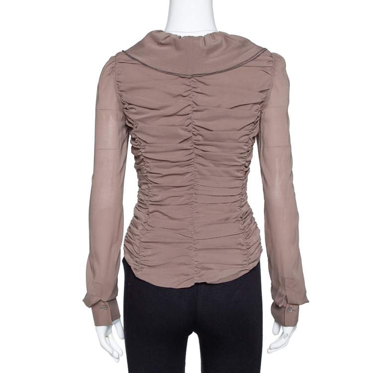Pre Owned Just Cavalli Brown Stretch Silk Ruffled Blouse M 