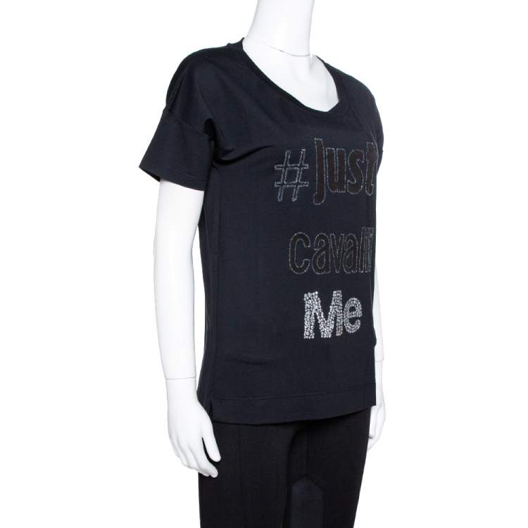 Pre Owned Just Cavalli Black Modal Mesh Logo Embellished T-Shirt XS
