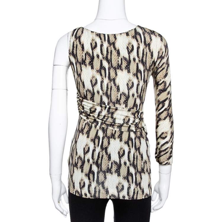 Pre Owned Just Cavalli Khaki Snake Print Jersey Draped Asymmetrical Top M