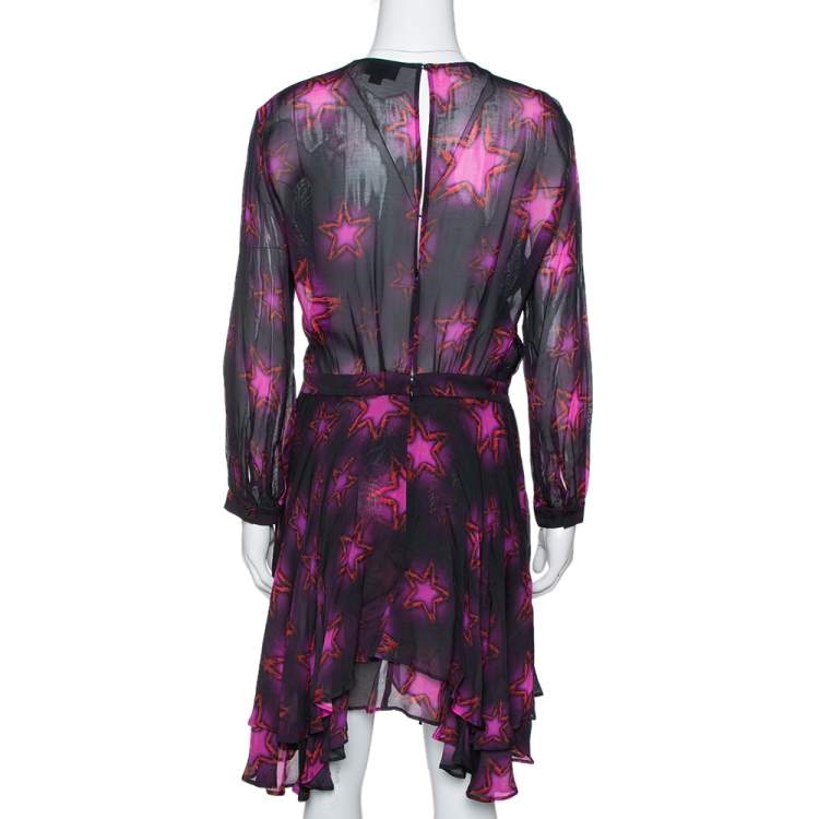 Pre Owned Just Cavalli Fuchsia Chiffon Star Print Flared Dress M