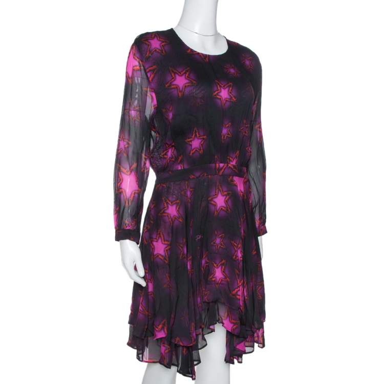 Pre Owned Just Cavalli Fuchsia Chiffon Star Print Flared Dress M
