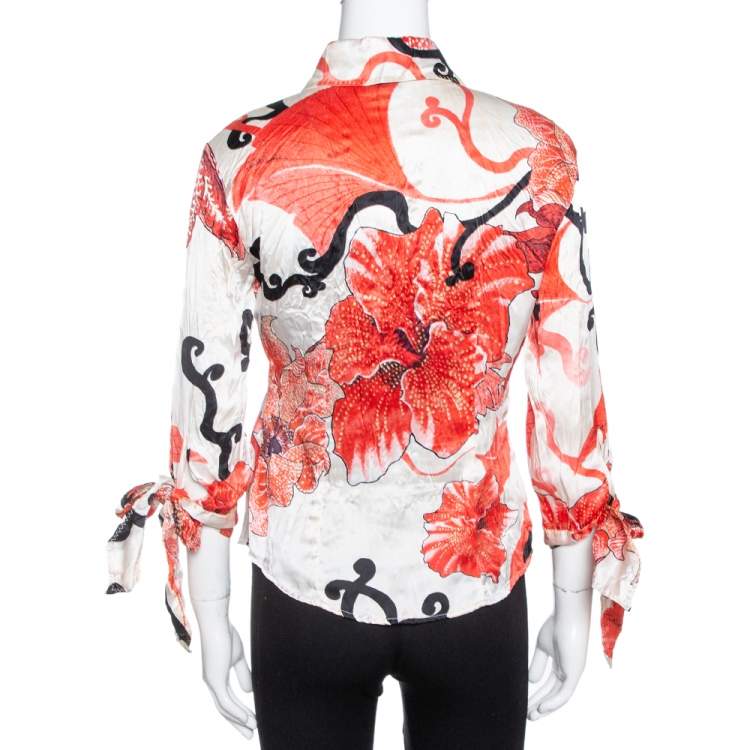 Pre Owned Just Cavalli Red Floral Shimmer Print Silk Satin Blouse M