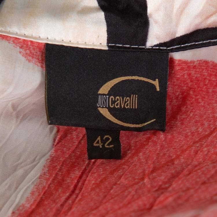 Pre Owned Just Cavalli Red Floral Shimmer Print Silk Satin Blouse M