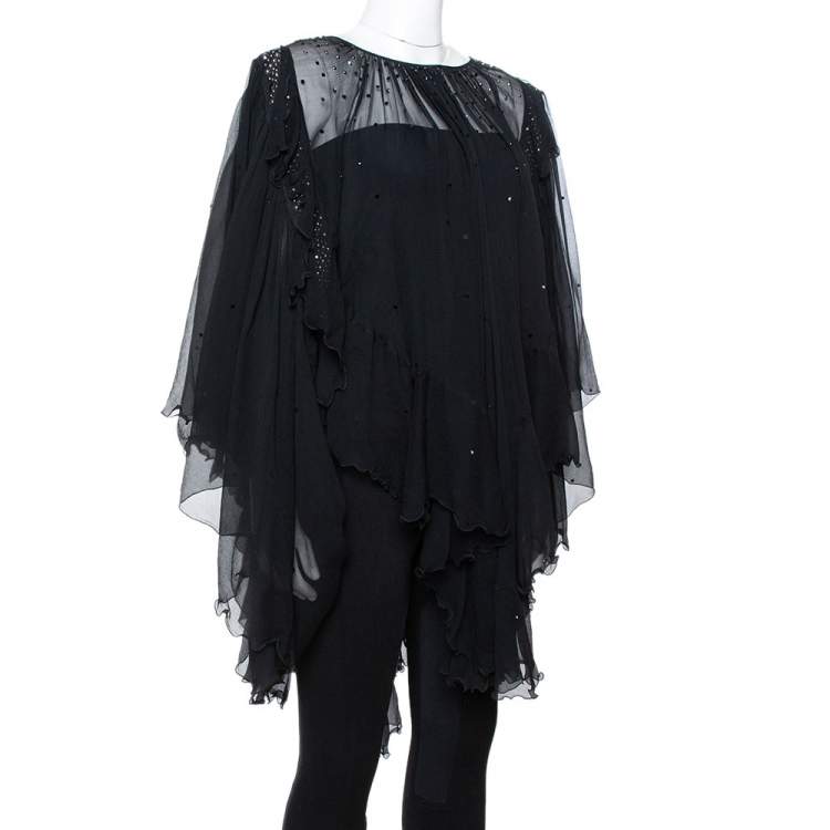 Pre Owned Just Cavalli Black Chiffon Stud Embellished Ruffled Blouse M