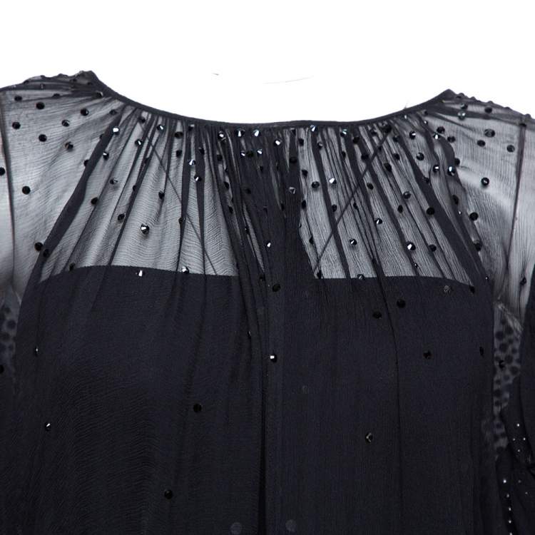 Pre Owned Just Cavalli Black Chiffon Stud Embellished Ruffled Blouse M