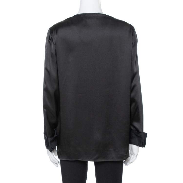 Pre Owned Just Cavalli Black Silk Printed Yoke Detail Long Sleeve Top M