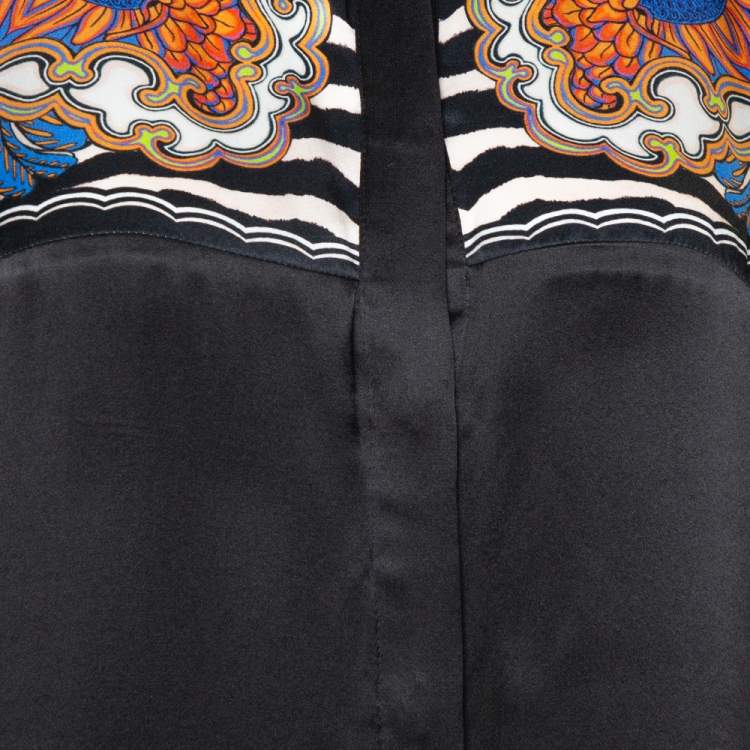 Pre Owned Just Cavalli Black Silk Printed Yoke Detail Long Sleeve Top M