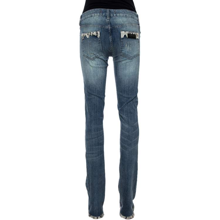 Pre Owned Just Cavalli Light Wash Denim Lace Trim Detail Straight Fit Jeans S