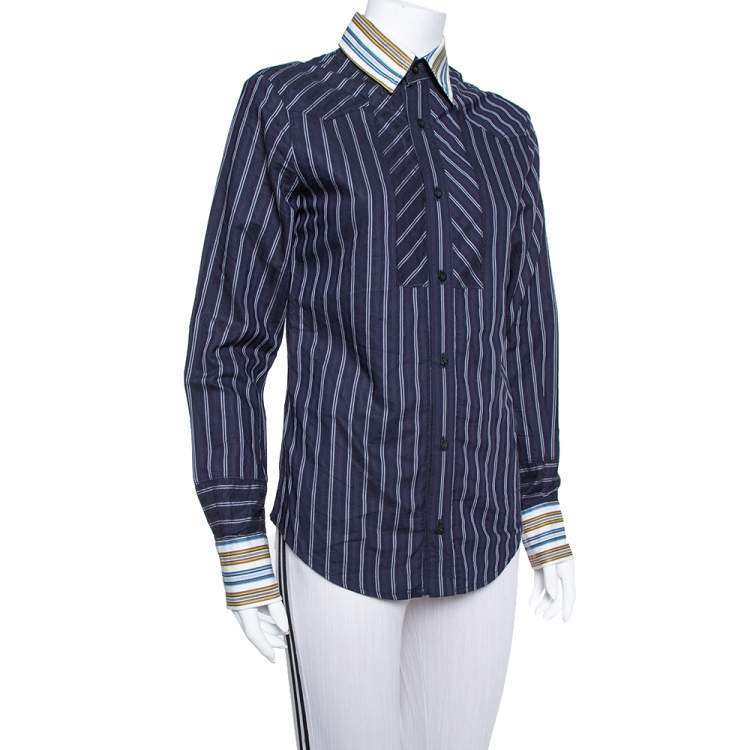 Pre Owned Just Cavalli Navy Blue Cotton Contrast Detail Button Front Shirt XS