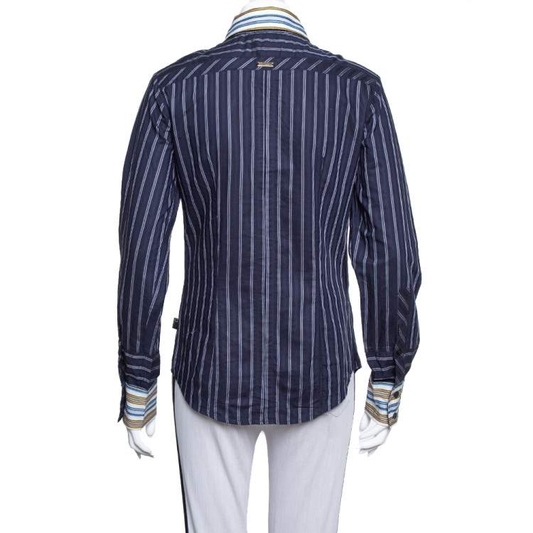 Pre Owned Just Cavalli Navy Blue Cotton Contrast Detail Button Front Shirt XS