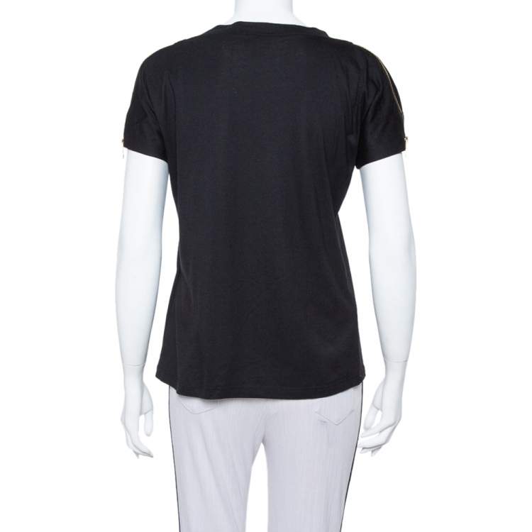 Pre Owned Just Cavalli Black Logo Printed Knit Zipper Detail T Shirt S