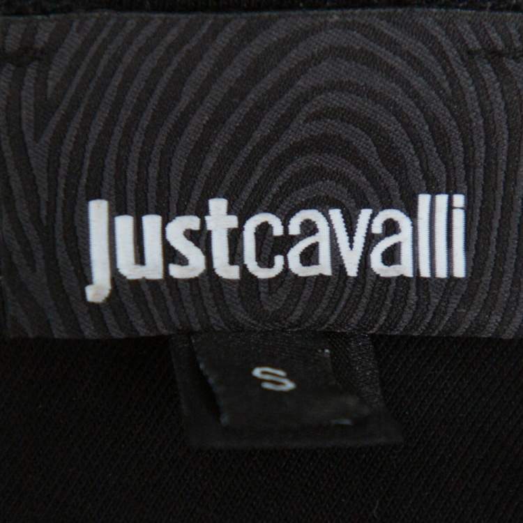 Pre Owned Just Cavalli Black Logo Printed Knit Zipper Detail T Shirt S