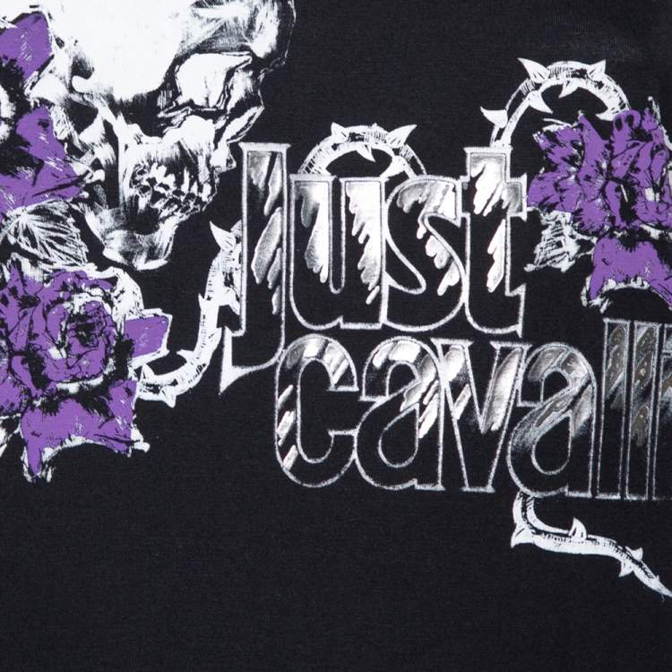Pre Owned Just Cavalli Black Logo Printed Knit Zipper Detail T Shirt S