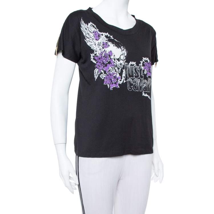 Pre Owned Just Cavalli Black Logo Printed Knit Zipper Detail T Shirt S