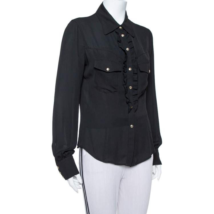 Pre Owned Just Cavalli Black Crepe Ruffle Detail Button Front Shirt L