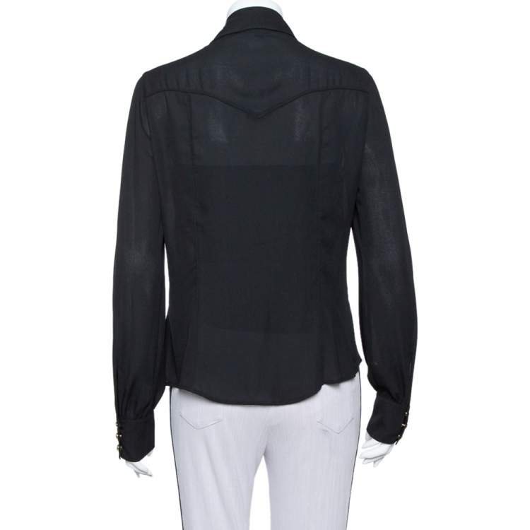 Pre Owned Just Cavalli Black Crepe Ruffle Detail Button Front Shirt L