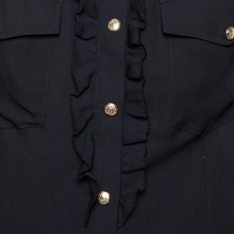 Pre Owned Just Cavalli Black Crepe Ruffle Detail Button Front Shirt L