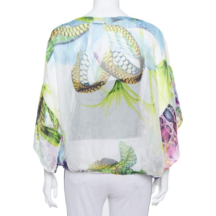 Pre Owned Just Cavalli White Sheer Butterfly Print Oversized Top S