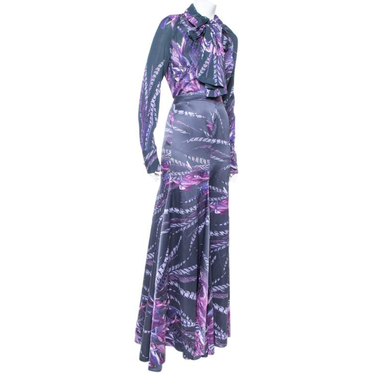 Pre Owned Just Cavalli Navy Blue Abstract Printed Silk Top & Satin Maxi Skirt M