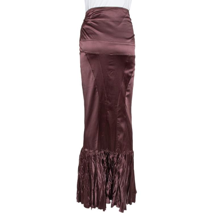 Pre Owned Just Cavalli Burgundy Satin Ruffled Fitted Maxi Skirt M
