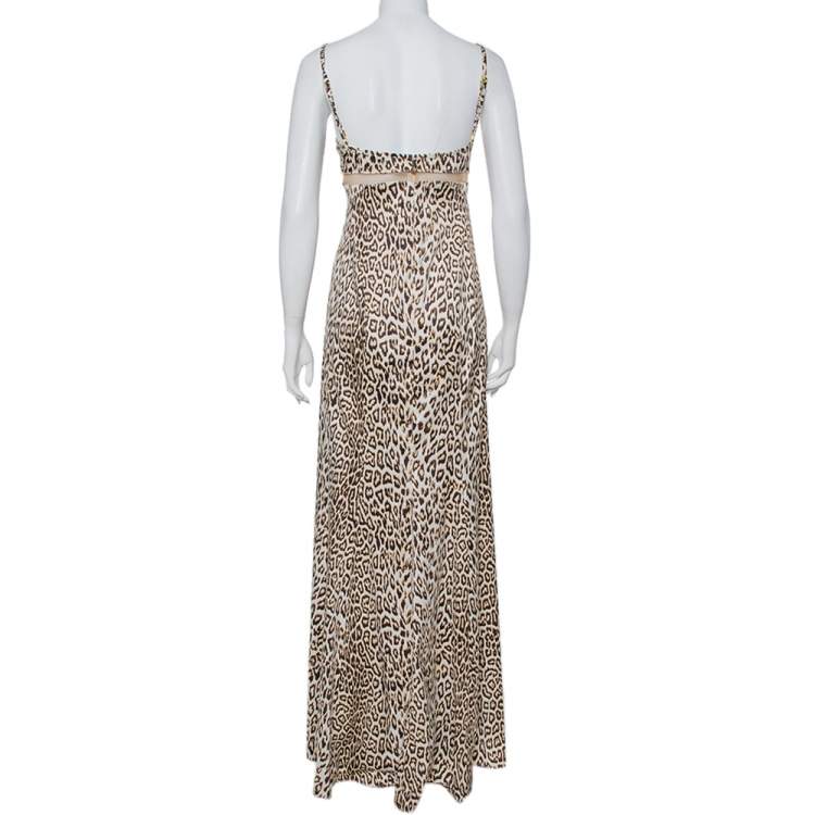 Pre Owned Just Cavalli Beige Animal Printed Satin Mesh Detail Maxi Dress L