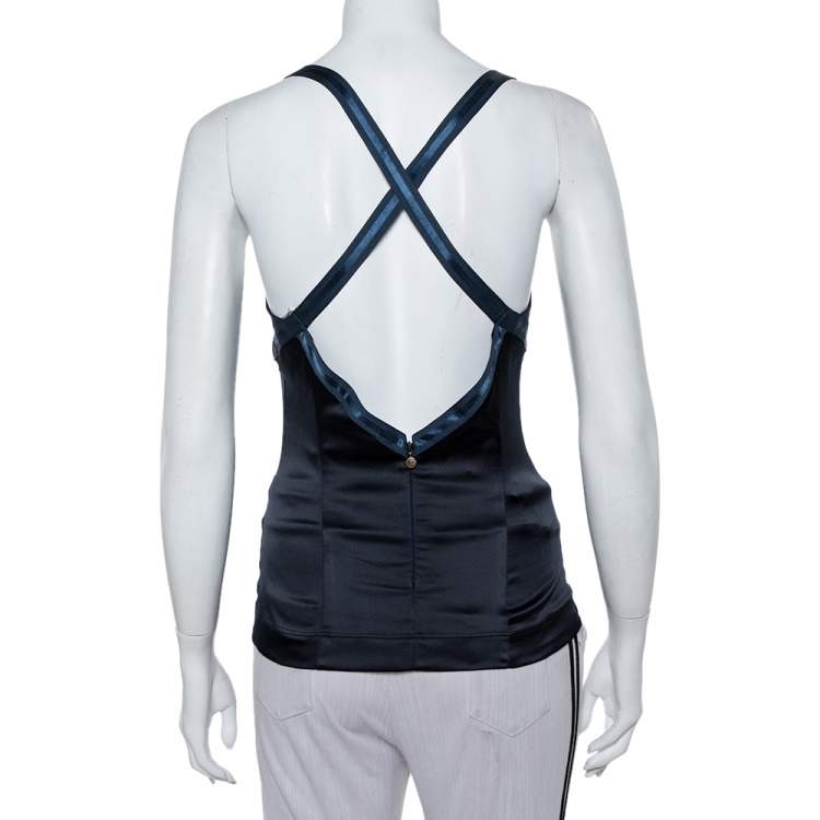 Pre Owned Just Cavalli Navy Blue Satin Halter Neck Crop Top S