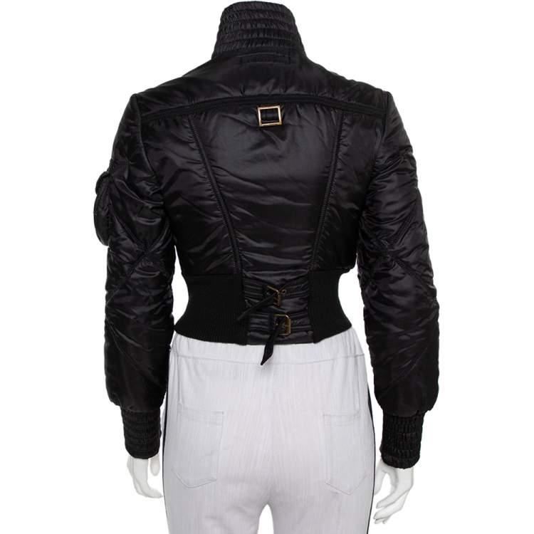 Pre Owned Just Cavalli Black Synthetic Quilted Cropped Bomber Jacket M