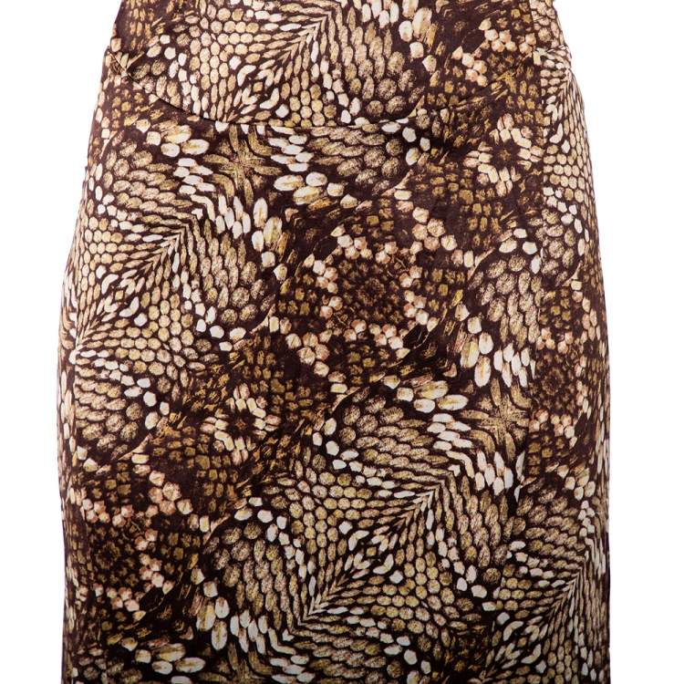 Pre Owned Just Cavalli Brown Snake Print Silk Satin Flared Asymmetrical Hem Maxi Skirt L