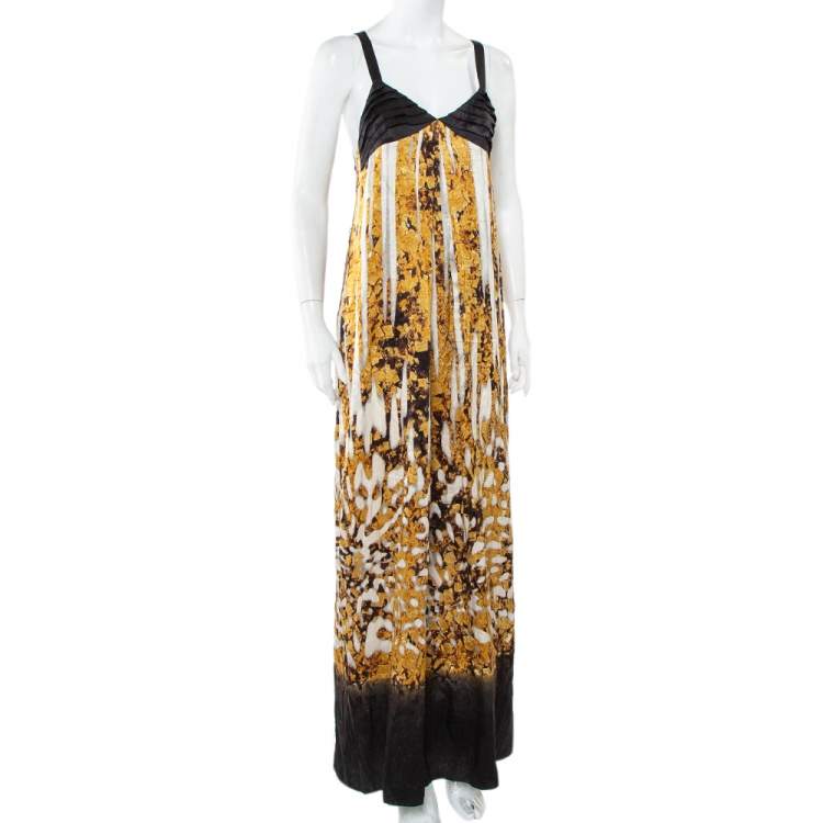 Pre Owned Just Cavalli Black & Gold Printed Silk Glittered Open Back Maxi Dress M