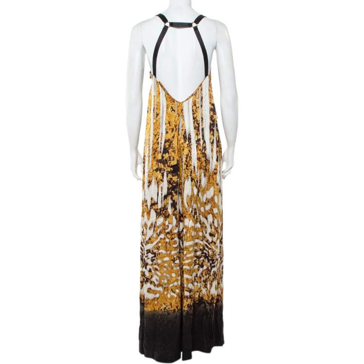 Pre Owned Just Cavalli Black & Gold Printed Silk Glittered Open Back Maxi Dress M