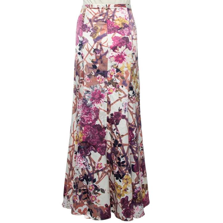 Pre Owned Just Cavalli Beige Floral Printed Satin Maxi Skirt L