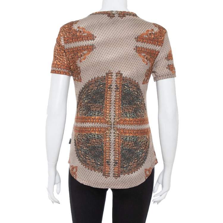 Pre Owned Just Cavalli Brown & Beige Printed Knit Short Sleeve Top L