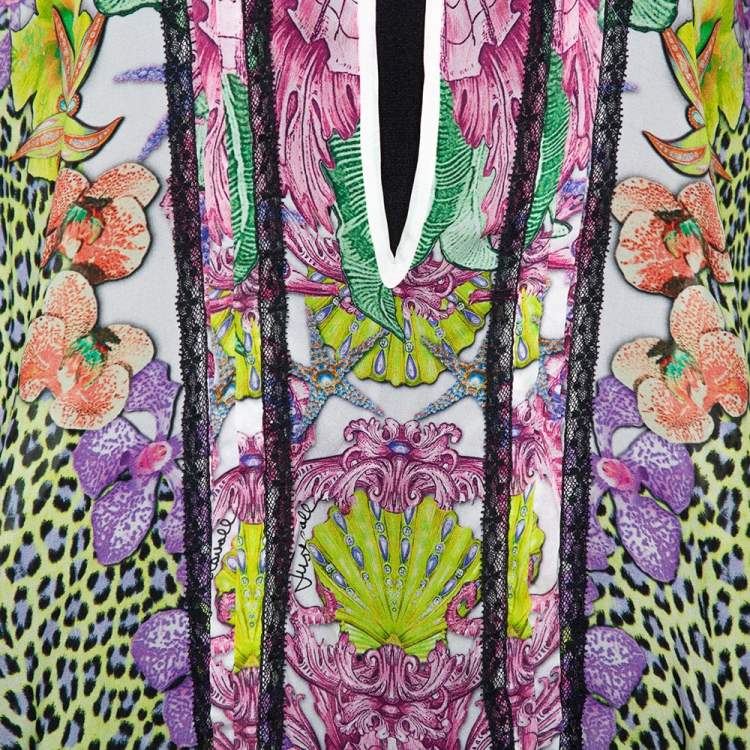 Pre Owned Just Cavalli Multicolor Printed Silk Waist Tie Detail Kaftan Tunic M