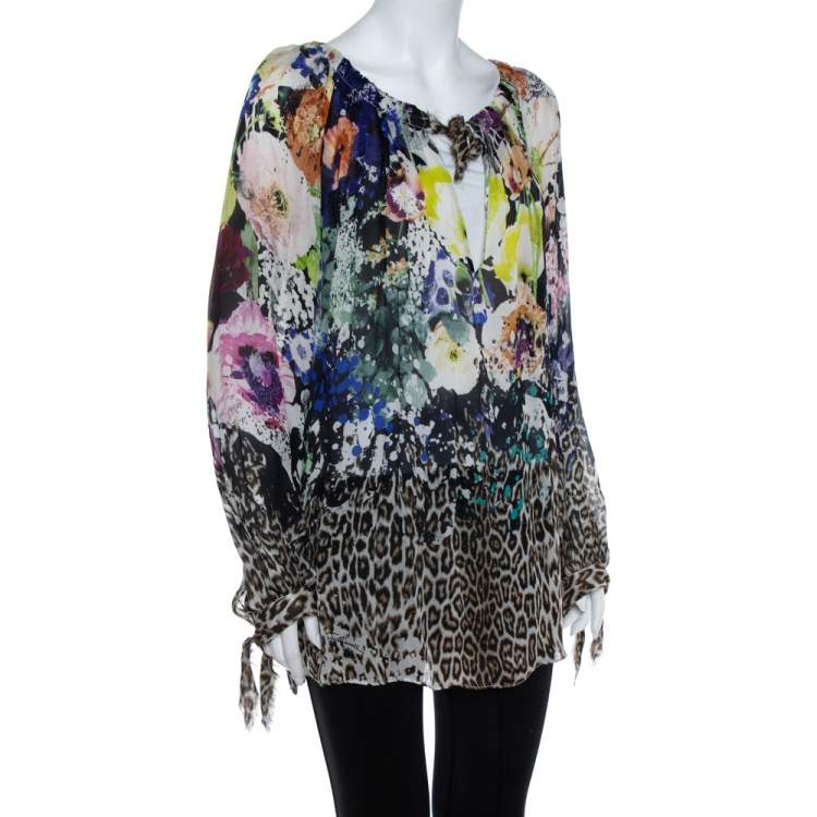 Pre Owned Just Cavalli Multicolor Floral & Animal Printed Silk Tunic M