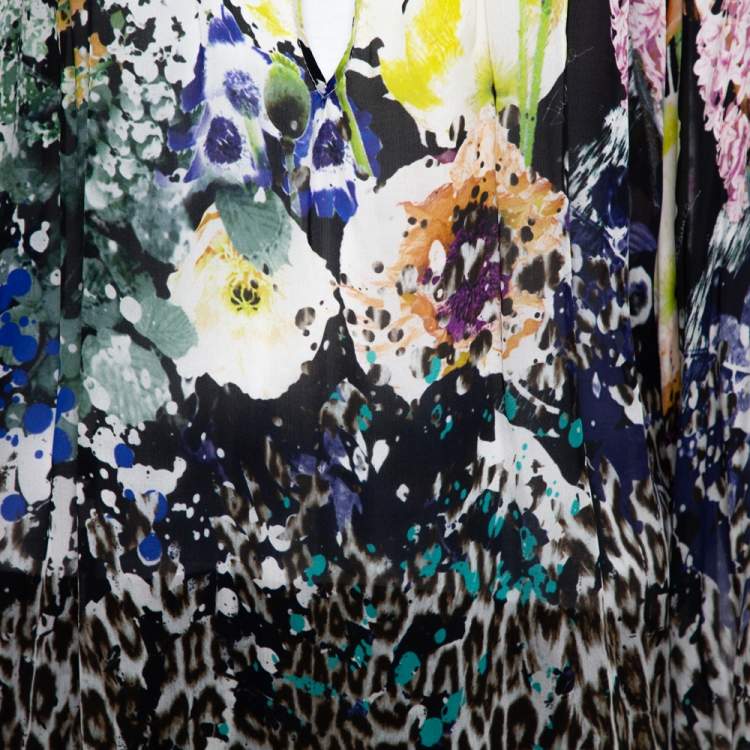 Pre Owned Just Cavalli Multicolor Floral & Animal Printed Silk Tunic M
