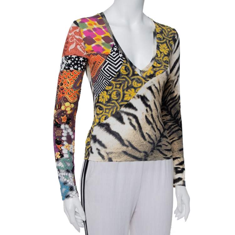 Just Cavalli Multicolor Multiprinted Knit V-Neck Top XS Just