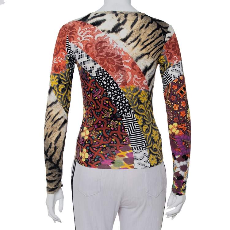 مملوكة مسبقًا Just Cavalli Multicolor Multiprinted Knit V-Neck Top XS