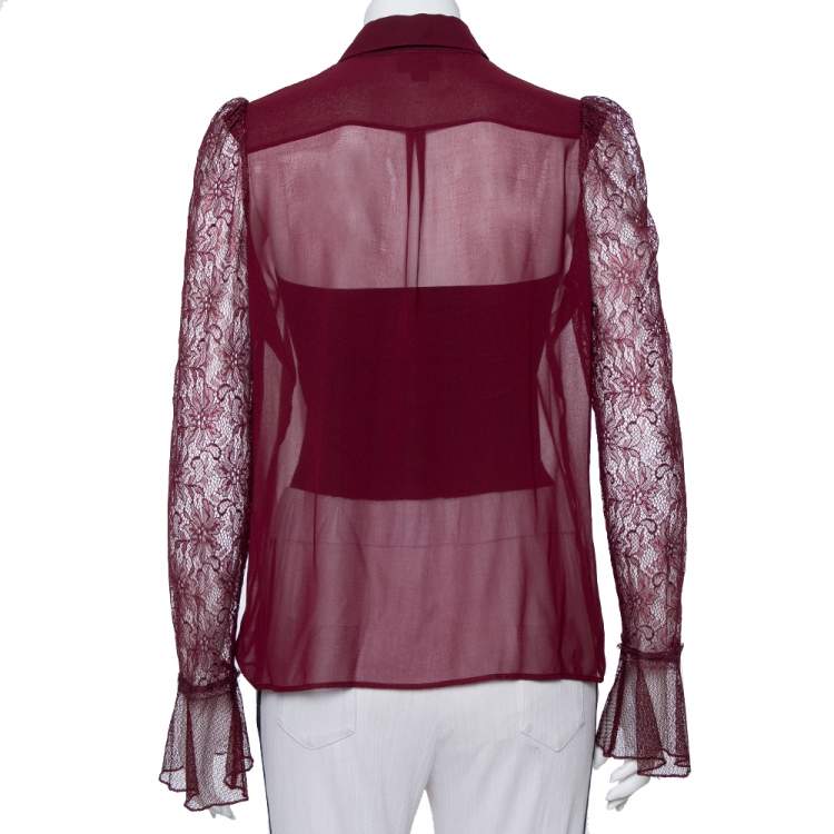 Pre Owned Just Cavalli Burgundy Silk Lace Detail Button Front Shirt M