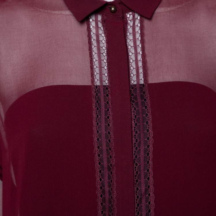 Pre Owned Just Cavalli Burgundy Silk Lace Detail Button Front Shirt M