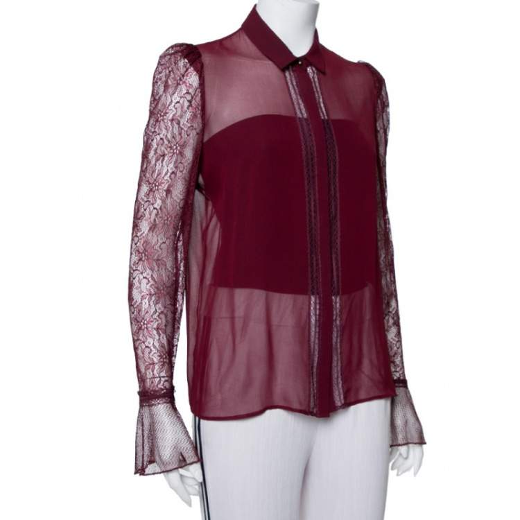 Pre Owned Just Cavalli Burgundy Silk Lace Detail Button Front Shirt M