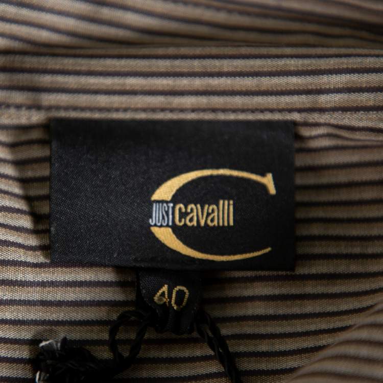 Pre Owned Just Cavalli Brown Striped Cotton Fitted Waist Detail Shirt S