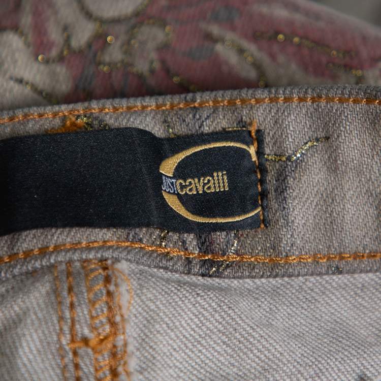 Pre Owned Just Cavalli Grey Floral Printed Denim Glitter Detail Bootcut Jeans M
