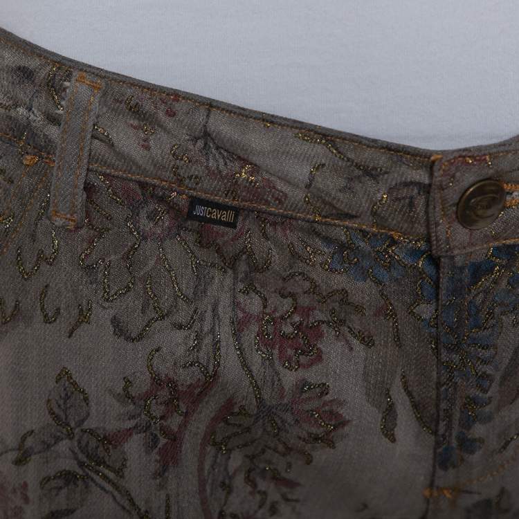 Pre Owned Just Cavalli Grey Floral Printed Denim Glitter Detail Bootcut Jeans M