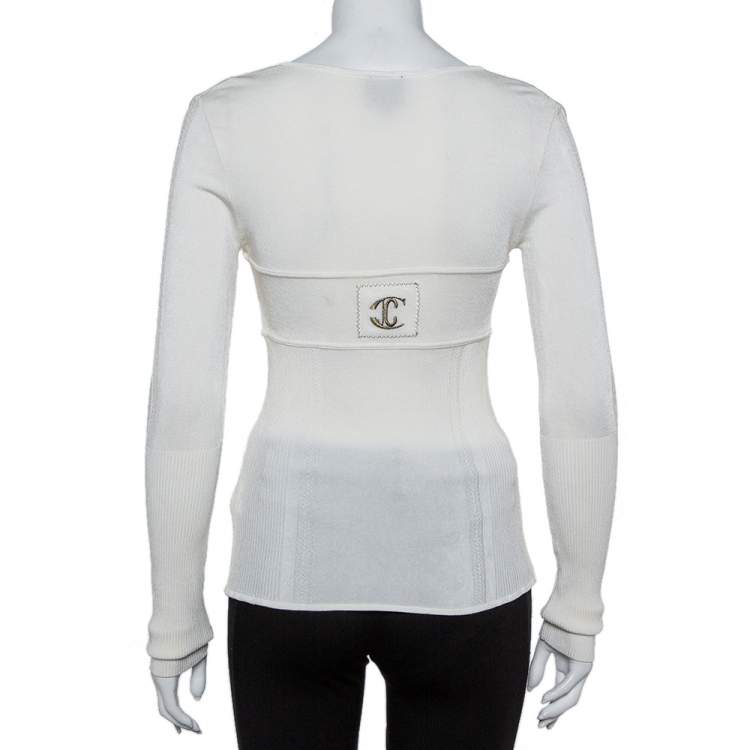 Pre Owned Just Cavalli Cream Rib Knit Long Sleeve Fitted Top M