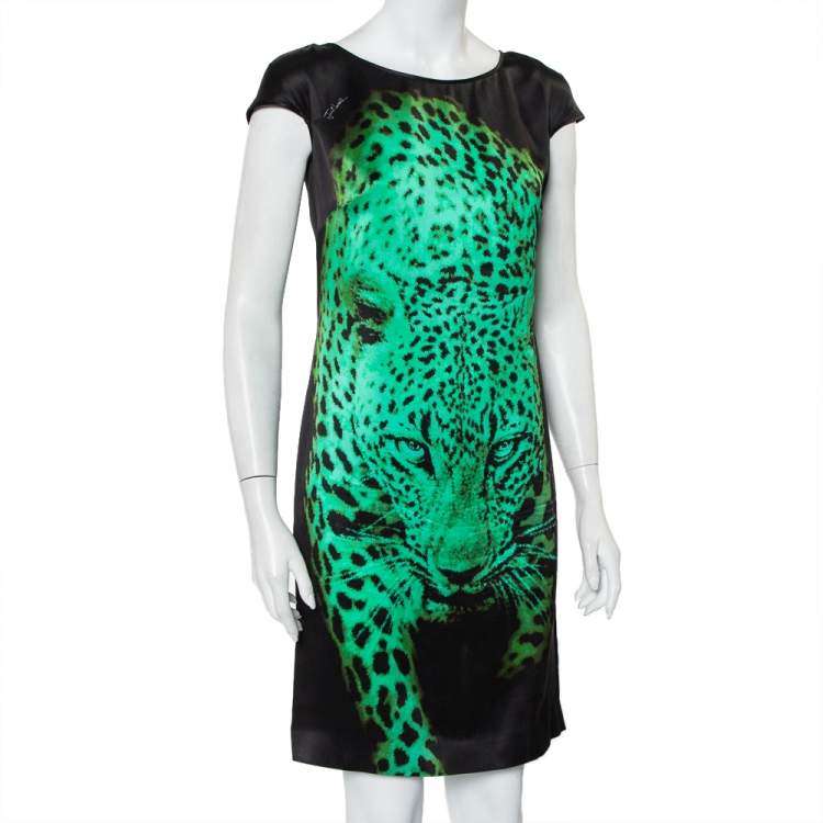 Pre Owned Just Cavalli Black Tiger Printed Silk Mini Dress S