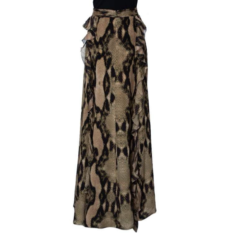 Pre Owned Just Cavalli Multicolor Snakeskin Printed Silk Ruffled Maxi Skirt L
