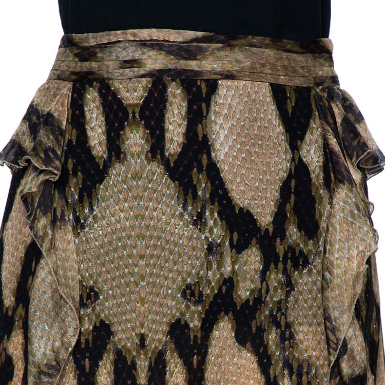 Pre Owned Just Cavalli Multicolor Snakeskin Printed Silk Ruffled Maxi Skirt L