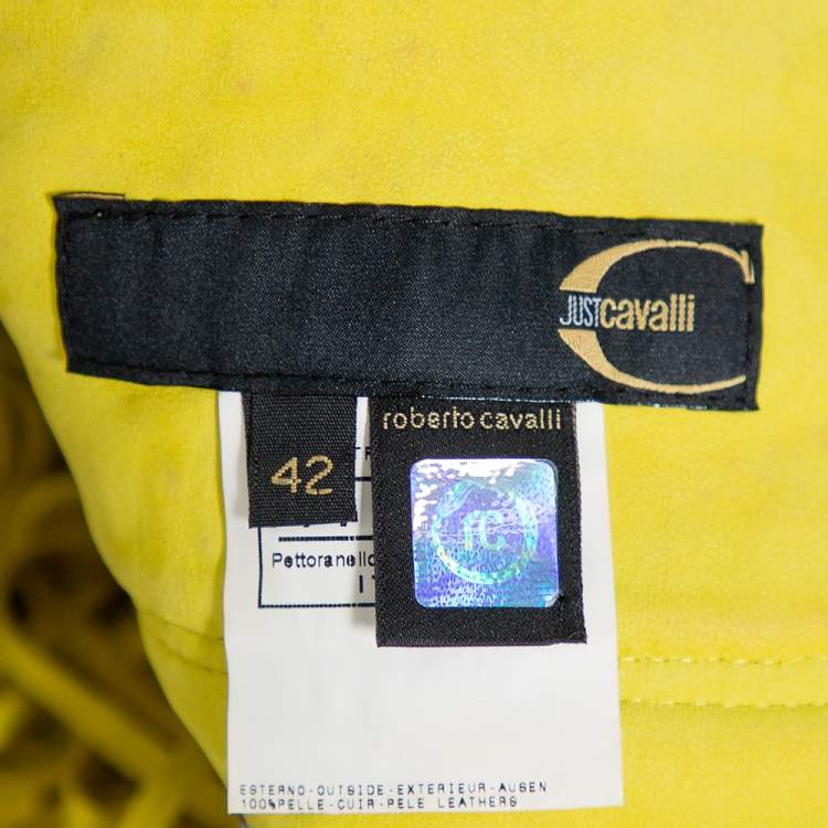 Pre Owned Just Cavalli Neon Yellow Leather Fringed Tribal Mini Skirt M
